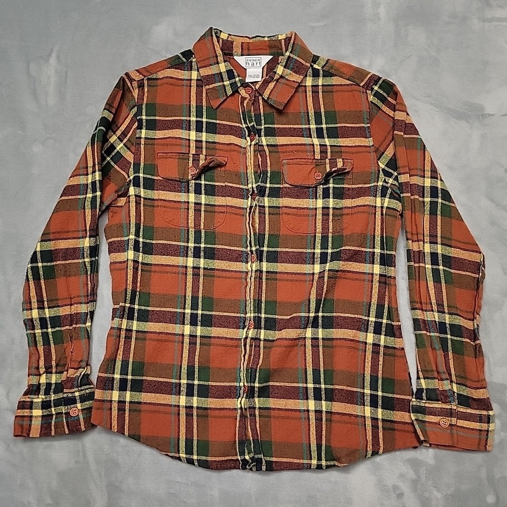 Keren Hart Shirt Womens M Orange Plaid Button Down Flannel Long Sleeve Cotton